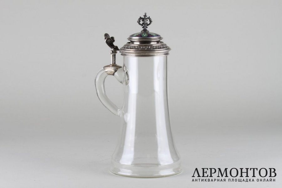 Кружка с серебряной крышкой. Серебро 800 пробы, стекло. Германия, XIX  в.