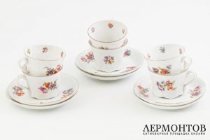 Кофейная пара Цветы 6 шт. Российская Империя, фабрика Гарднера, 19 век. Фарфор.
