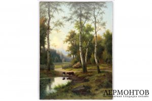 Картина. Эдуард Хайн. Пасторальный пейзаж. Кон. XIX в., х-м. Собрание А.А.Гречко