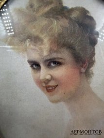 Миниатюра «Портрет девушки» в овальной раме. Олеография, дерево, позолота, 1900–1915
