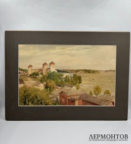 Картина «Крепость на берегу озера». Картон, акварель, Россия, 1913 год