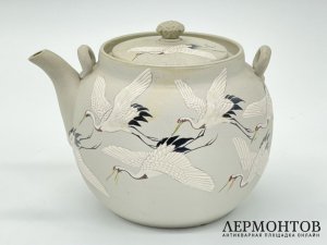 Чайник Журавли. Япония, мастерские Банко, 19 век. Фаянс, роспись.