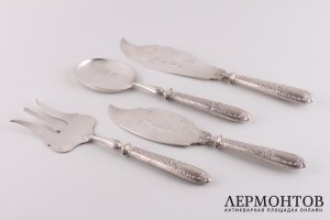 Крупный сервировочный набор из 4-х приборов. Франция, нач. 20 века. Серебро 950 пробы