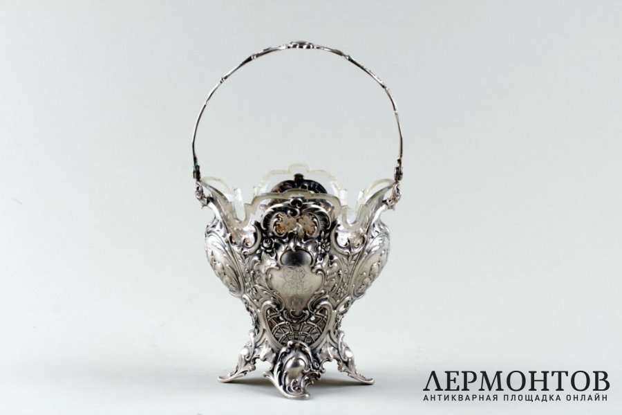 Конфетница Bruckmann und Sohne. Cеребро 800 пробы, стекло. Германия, XIX век.