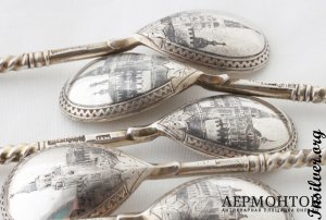 Набор ложек "Виды Москвы". Серебро 84. 1877 год. Российская империя