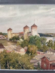 Картина «Крепость на берегу озера». Картон, акварель, Россия, 1913 год