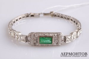 Браслет с изумрудом и бриллиантами в стиле ар деко. Платина. Европа