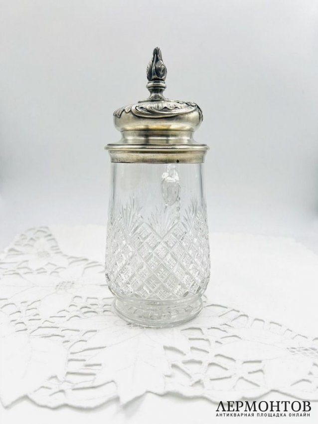 Пивная кружка с серебряной крышкой. Хрусталь, серебро 84 пробы, золочение, мастер ФК, Россия, 1899–1908 годы