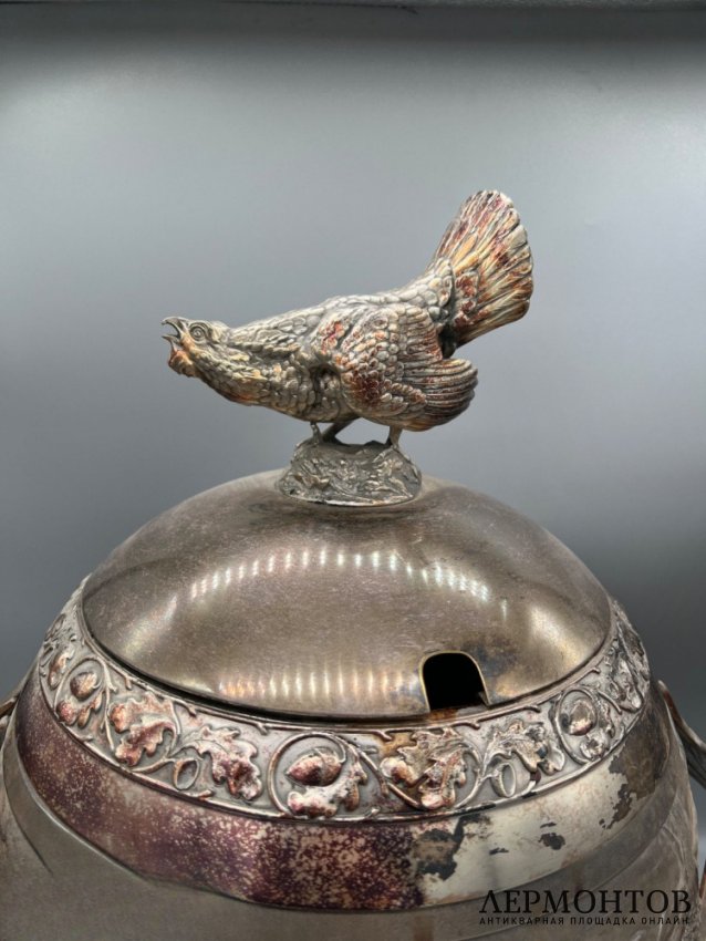 Крюшонница «Охота на кабана» с половником и 5 бокалами. Металл, WMF, ок. 1900