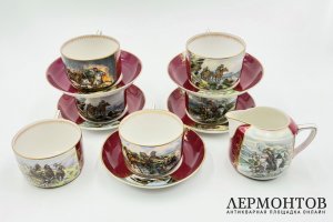 Агитационный чайный сервиз Оборонный. СССР, ДФЗ Вербилки, 1930-е гг. Фарфор.