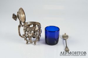 Емкость для горчицы. Серебро 950 пробы, кобальтовое стекло. Франция, XIX век.