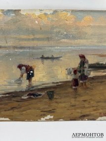 Картина «На речке». Картон, масло, В. И. Козловский, Россия, начало 20 века
