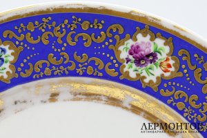 Тарелка с кобальтовым бортом и цветами. Российская Империя, ИФЗ, 19 век. Фарфор. 