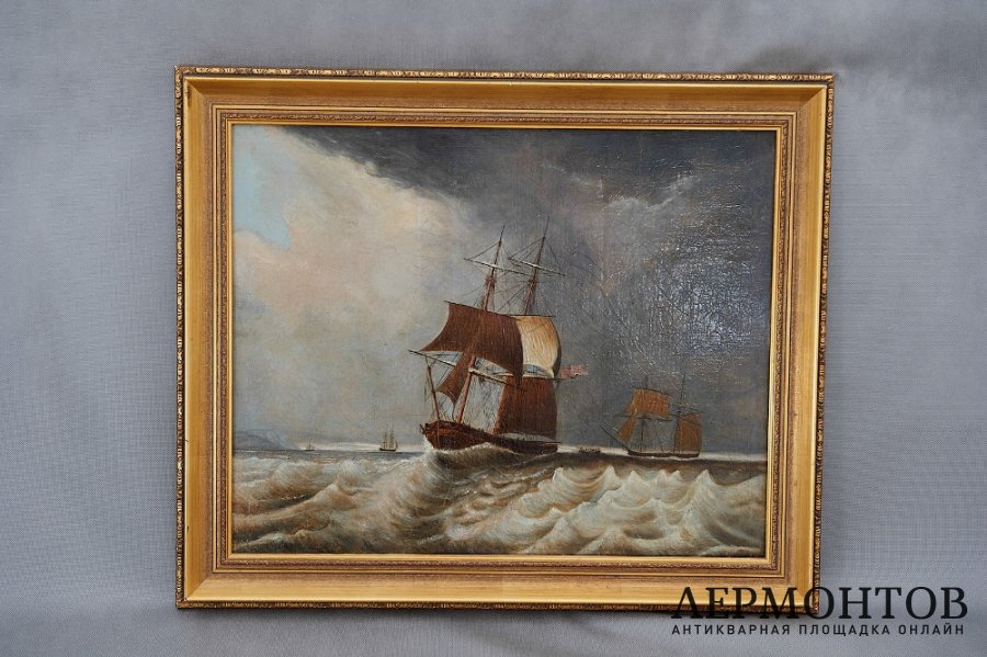 Картина Парусники. Холст, масло. Неизвестный художник. Европа, XIX век. 