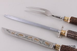 Набор для мяса в подарочной коробке. Германия, Золинген, 2 пол. 20 века. Рог, сталь. 