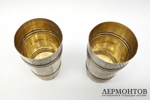 Парные стаканы, кадки в русском стиле. Серебро 84 пробы. Россия, Хлебников, 1900е гг.
