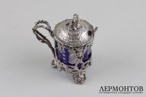 Горчичница с кобальтовым стеклом. Серебро 950 пробы. Франция, конец XIX в.