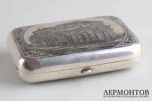 Портсигар с черневым узором. Большой театр. Серебро 84 пр. Российская империя, XIX в.