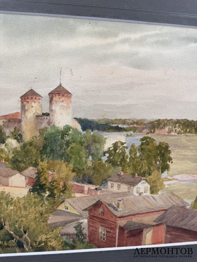 Картина «Крепость на берегу озера». Картон, акварель, Россия, 1913 год