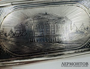 Табакерка с дворянской усадьбой. Серебро 84 пробы, чернь, Д. Петров, Россия, 1879 год