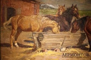 Картина. У конюшни. Неизвестный художник, 1900-е.
