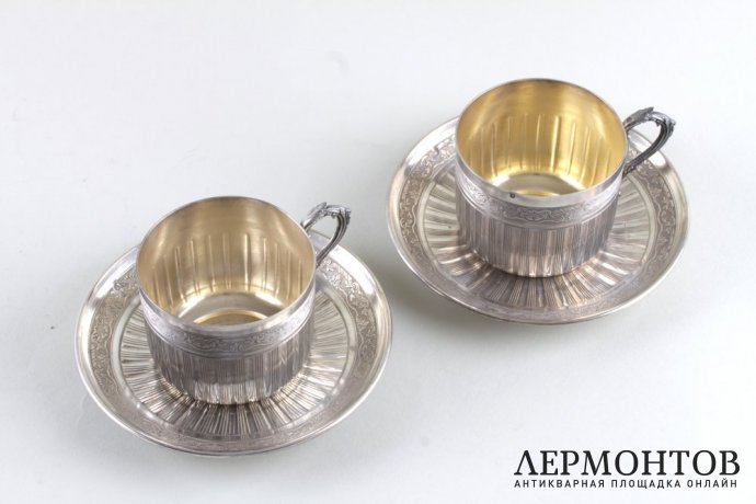 Две чайные пары из серебра 950 пробы. Стиль ампир. Франция, XIX век.
