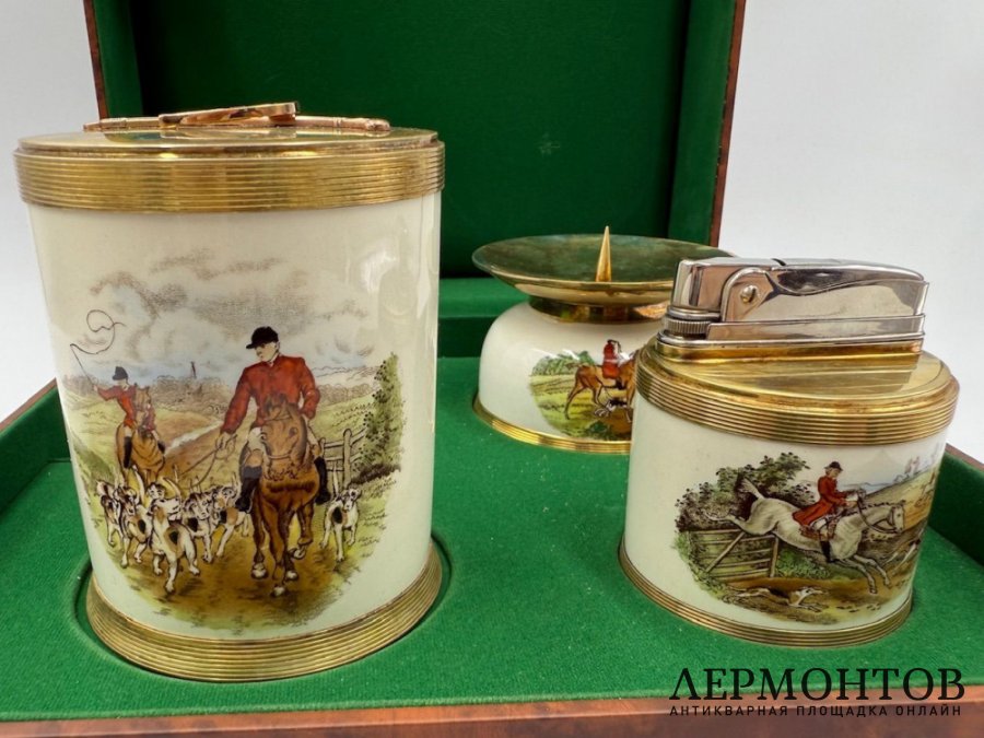 Набор для курения Охота. Англия, 1950-е гг. Фарфор, серебро 925 пр, золото 585 пр.