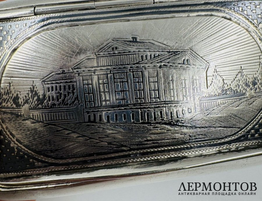Табакерка с дворянской усадьбой. Серебро 84 пробы, чернь, Д. Петров, Россия, 1879 год