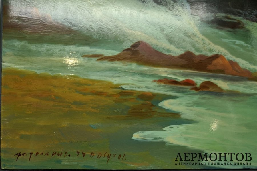 Панно Корабль в бушующем море. СССР, Федоскино, художник Обухов, 1977 г.
