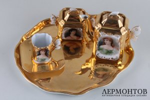 КОФЕЙНЫЙ СЕРВИЗ. ФАРФОР, РУЧНАЯ РОСПИСЬ,ЗОЛОЧЕНИЕ. ЕВРОПА, XIX ВЕК.