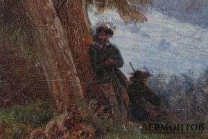 Картина Пейзаж с охотниками. Западная Европа, художник C.V. Холст, масло.