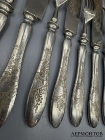 Набор столовых приборов на 9 персон. Сталь, гравировка, А. И. Сычёв, кон. 19 в.