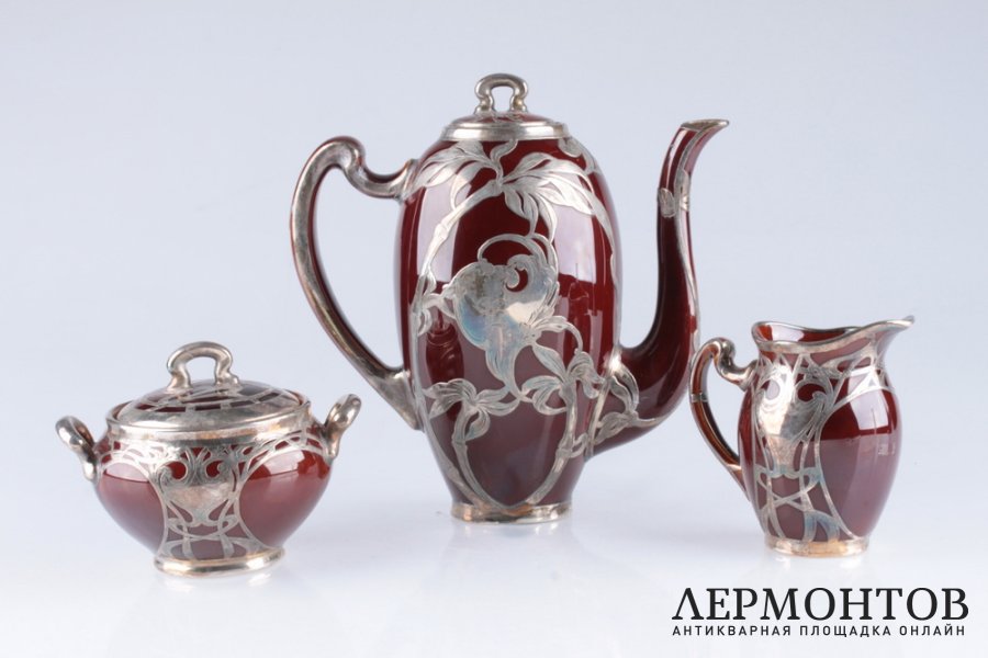 Чайный-кофейный набор в стиле Модерн. США, ф-ма Lenox, начало 20 в. Серебро 925, фаянс.