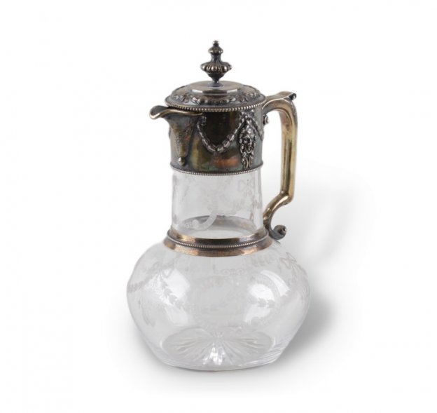 Графин для вина и воды с маскаронами. Серебро 925, стекло. Англия, 1858 год.